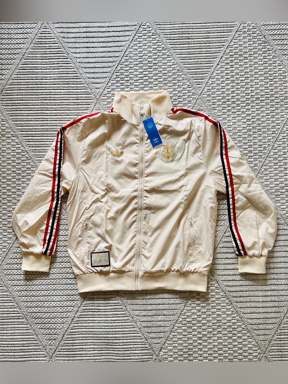adidas Cream Jacket with Red & Black Trim and Gold Logo Patch